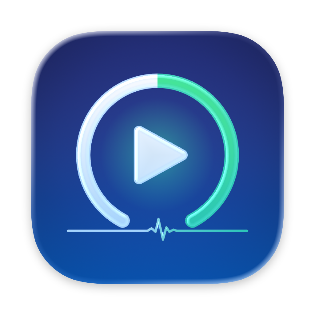 macList-App-Icon: tiefblaues, abgerundetes Quadrat im Liquid-Glass-Look mit weißem Play-Dreieck, einem Backtimer-Bogen von Weiß nach Grün und einer Waveform-Grundlinie.